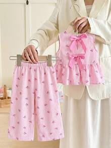 两件套少女碎花背心和宽松休闲裤套装 - 粉色 - 查看 6