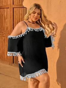 Swim Chiccia Plus Size Casual Vacation Tassel Decor Off-Shoulder Camisole - Black - View 5