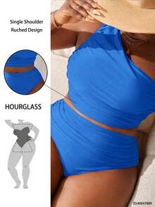 Slaydiva Plus Size Women Summer Beach Solid Color Ruched One-Shoulder Casual Tankini Swimwear Set - Blue - View 3