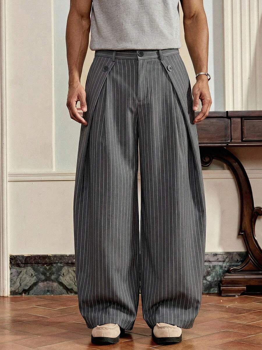 SWAVVY Men's Casual Commuter Striped Loose Pants - Grey - View 1