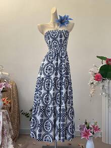 INAWLY Vestido casual de vacaciones de largo medio con estampado total tipo bandeau para mujer - Azul - Ver 1