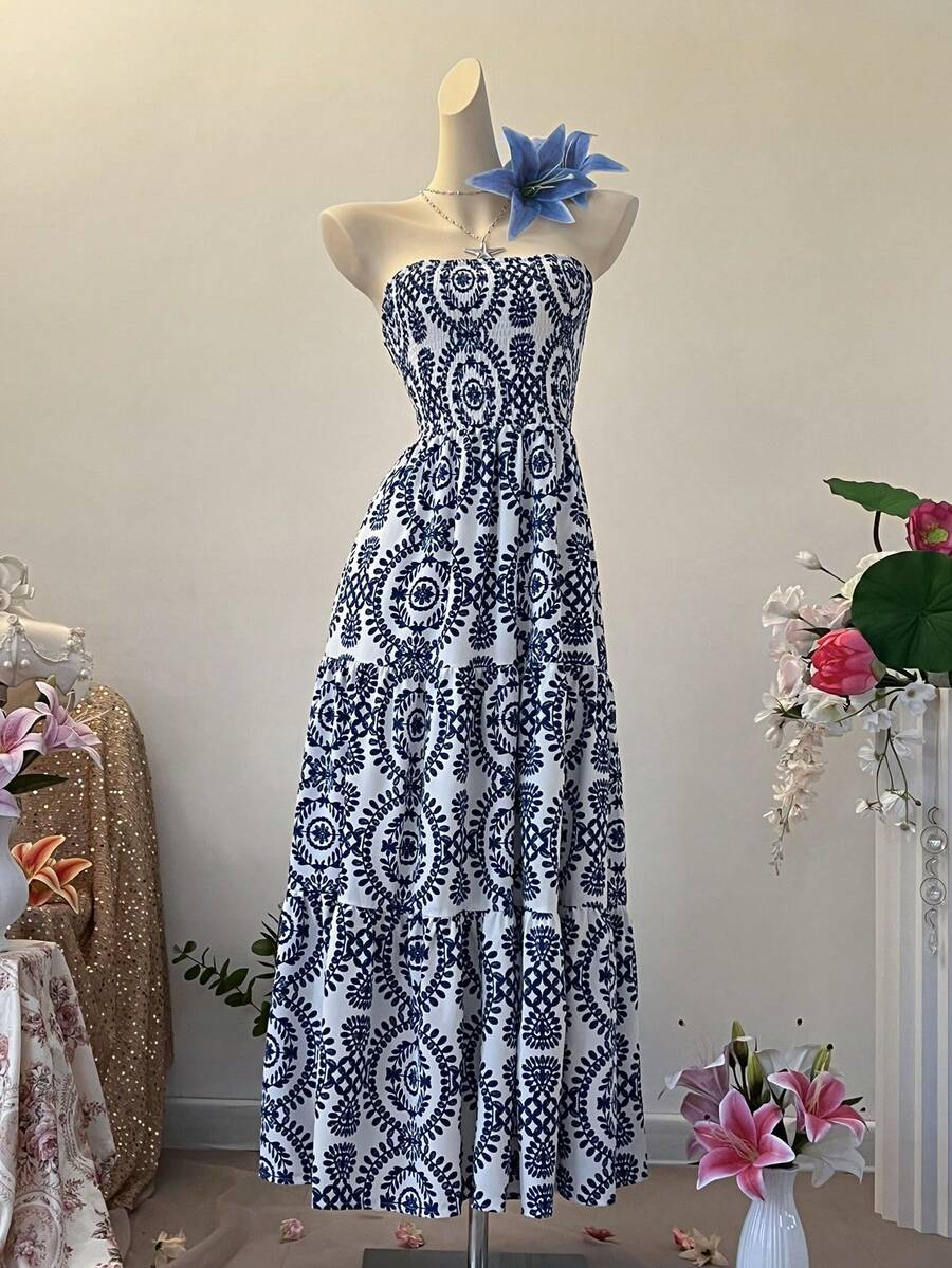 INAWLY Vestido casual de vacaciones de largo medio con estampado total tipo bandeau para mujer - Azul - Ver 1
