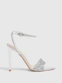 CUCCOO SZL Women's Fashionable White Transparent Clear PVC Crystal Heeled Mule Sandals, Square Toe Mid Heel Sandals For Commute, Date, Party, Holiday, Wedding Spring Shoes Summer - Silver 19 - View 4