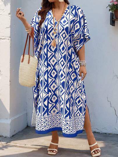 Weeklong Plus Size Women's Geometric Print Batwing Sleeve Dress