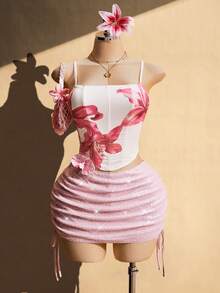 SHEIN ICON Chân váy ngắn có dây rút bên hông, đính hạt cườm dành cho nữ cỡ lớn, màu hồng. - Hồng - Xem 4