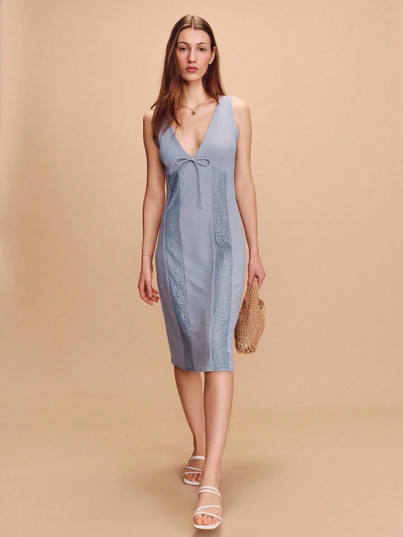 V-Neck Satin Midi Dress With Lace Side Panels Spring Summer French Style Parisian Style Wedding Guest Dress