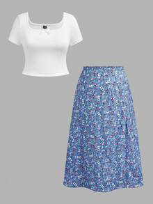 Solflare 春夏新款休闲蕾丝拼接蝴蝶结短袖紧身T恤搭配蓝色碎花开衩迷你裙两件套，适合户外、日常、派对、音乐节、返校、毕业典礼、度假、街头穿搭、探索、城市漫步等多种场合，尺码齐全。 - 彩色 - 查看 9