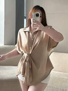 Flirla Casual Elegant Minimalist Commuter Loose Tie-Waist Open Front Office Lady Short Sleeve Plus Size Women Shirt, Summer - Apricot - View 3