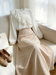 Franclia 优雅休闲日常通勤荷叶边圆领上衣和百褶裙两件套，女士春夏款 - 杏色 - 查看 1