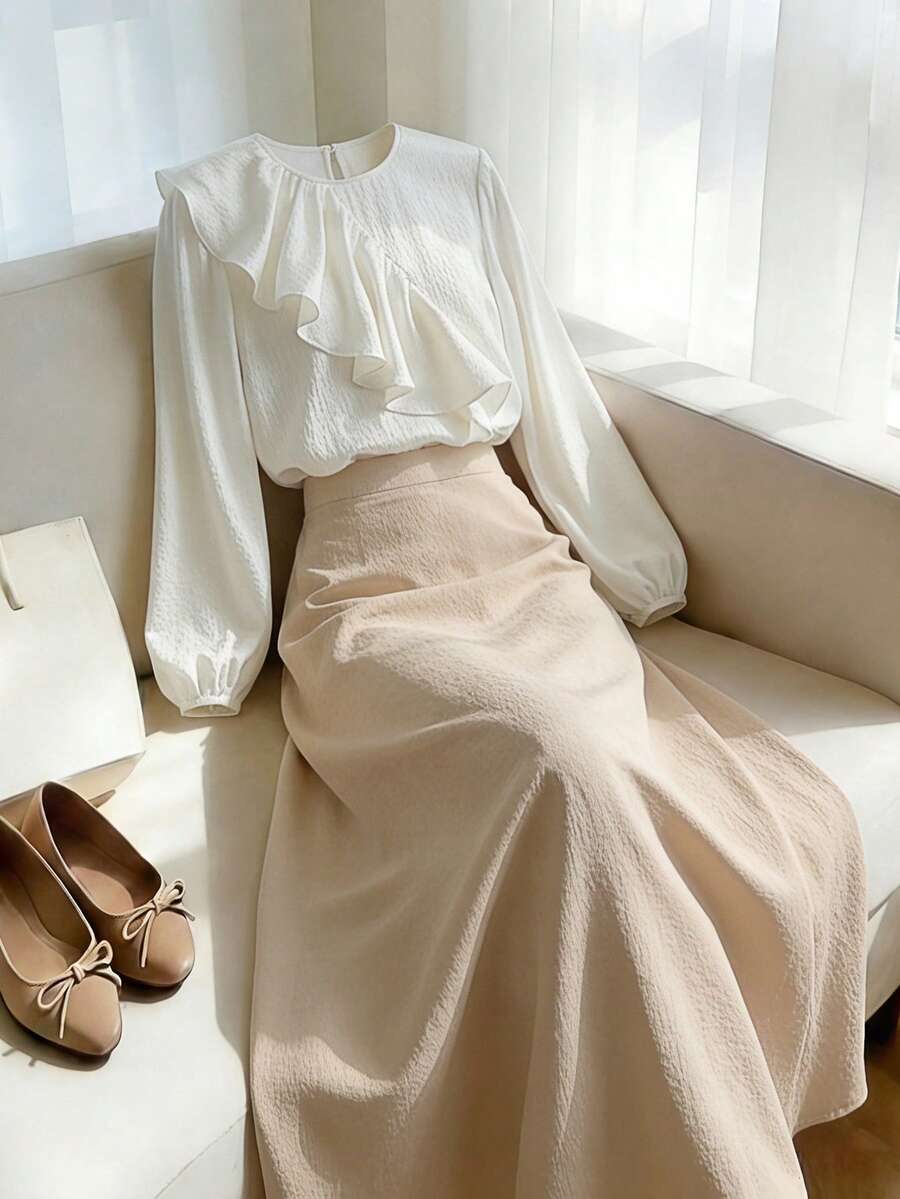 Franclia 优雅休闲日常通勤荷叶边圆领上衣和百褶裙两件套，女士春夏款 - 杏色 - 查看 1