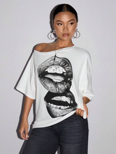 SHEIN ICON Casual Oversized Asymmetric Shoulder Lip Print Women T-Shirt