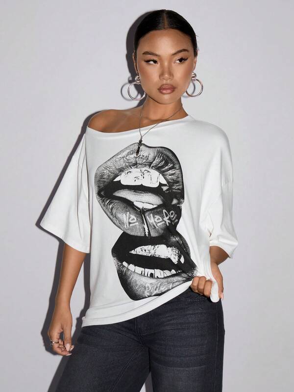 SHEIN ICON Casual Oversized Asymmetric Shoulder Lip Print Women T-Shirt