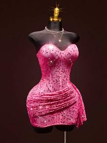 SHEIN ICON 女士水钻装饰抹胸紧身迷你连衣裙 - 粉色 - 查看 5