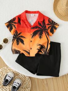 SHEIN Bộ áo sơ mi ngắn tay và quần short in hình cây dừa phong cách nghỉ mát mùa xuân/hè cho bé trai và bé gái, bộ đồ đi nghỉ mát cho bé, phong cách Hawaii. - trái cam - Xem 1