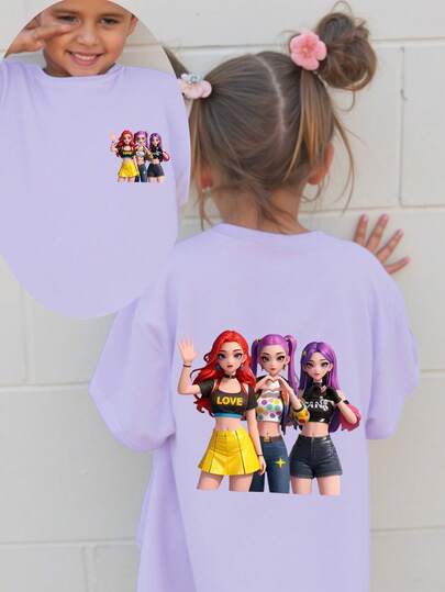 Young Girls' Casual Comfortable Fashionable Versatile Creative Cute 3D Cartoon & "K-Pop" Letter Graphic Short Sleeve T-Shirt, Suitable For Outings, Shopping, Daily Wear In Spring/Summer