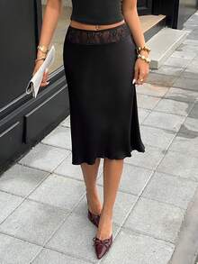 Siren Gaze Summer Low-Waisted Lace-Trimmed A-Line Midi Black Slim-Fit Skirt – An Elegant And Sophisticated Goddess-Style Skirt, Perfect For Commuting Long Skirt Low Waist Skirt Elegant Skirt Black Skirt - Black - View 1