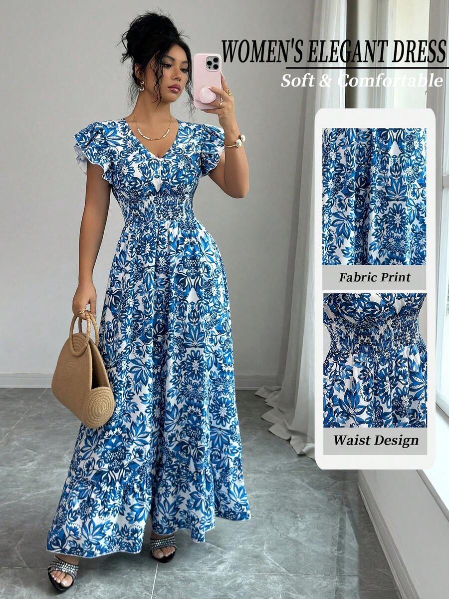 Elenzga 女士新款时尚优雅度假风蓝色碎花V领荷叶袖腰部设计A字长裙，适合通勤、街头风、法式浪漫风、休闲风、中东复古风、下午茶、派对、感恩节、返校季、春夏穿着。 - 藍色 - 查看 1