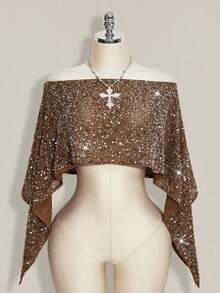 SHEIN ICON Women's Sequin Shoulder Cut Short Casual Versatile Daily Wear Top,Summer Top - Brown - View 7
