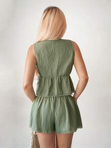 Sweetina 2026新款女士夏季休闲纯色背心短裤两件套 女士夏季套装 女士夏季两件套家居服 女士夏季睡衣套装 女士沙滩装两件套 - 綠色 - 查看 2