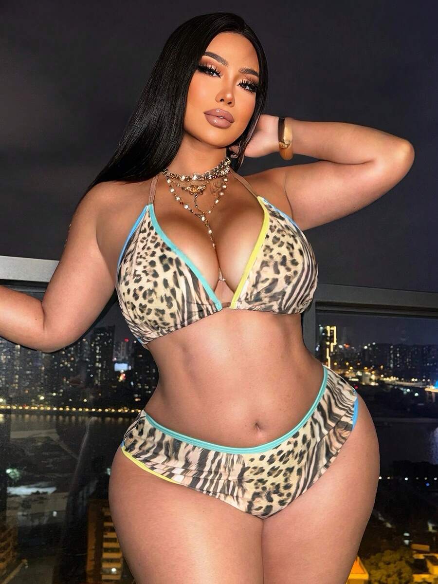 Slaydiva Conjunto de biquíni plus size feminino com estampa de leopardo, casual, para férias na praia. - Multicolorido - Ver 1