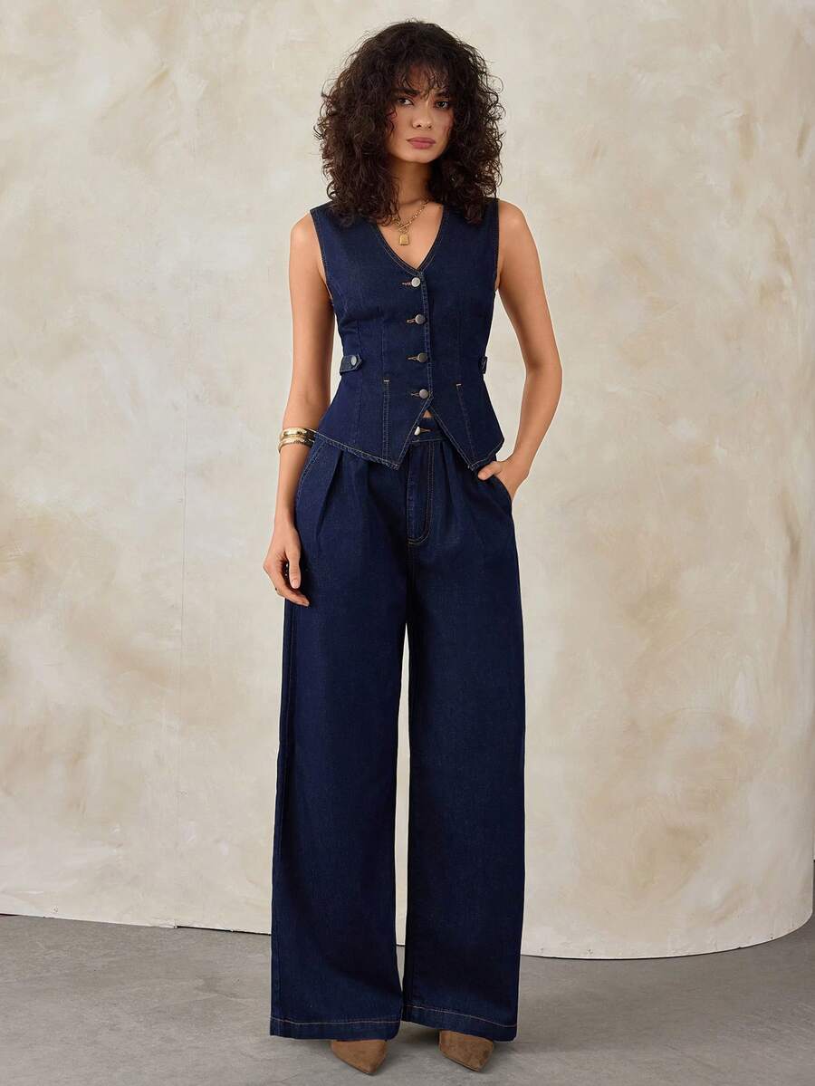 SHEIN Dark Washed Denim Fitted Vest And Wide Leg A Line Jean Set 2 Pieces Denim Sets Woman Suit Denim Outfit Women - Dark Wash - View 1