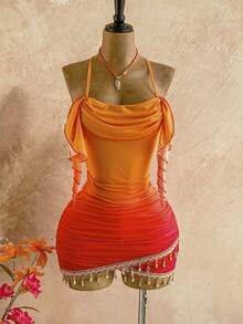 Soleia Women's Sunset Ombre Red Orange Floral Chiffon Mini Dress,Boho Summer Beach Vacation Holiday Outfits,Music Festival,Party,Island Cruise Summer Outfit - Multicolor - View 4