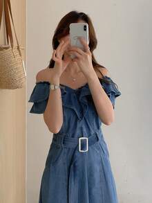 DAZY 女士休闲牛仔连衣裙，V领，纽扣设计，荷叶边下摆 - 藍色 - 查看 6