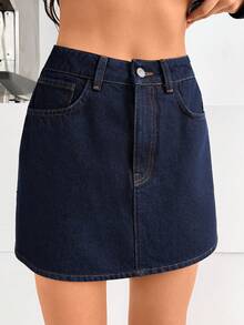 SHEIN Women Elegant Crop Blazer Jacket & High-Rise Mini Skirt, Two Pieces Fashionable Denim Set - Dark Wash - View 7