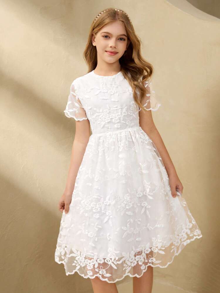 Girls' White Mesh Floral Embroidered Dress, Lightweight Polyester Sleeveless Midi Dress For Spring/Summer, Suitable For Flower Girl, Birthday Party, Wedding White Elegant Dress White Tween Dress Ivory Tween Dress White Junior Bridesmaid Dress Dresses For 12 Yrs Old Kids Dresses Formal Party Dresses For Girls - White - View 5
