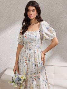 Rafferiza 女士优雅休闲宫廷风简约方领花瓣袖露背收腰飘逸印花长裙，夏季 - 杏色 - 查看 6