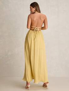 Enchnt Vestido feminino elegante de cor sólida, sem costas e com decote halter, ideal para o verão. - Amarelo - Ver 9