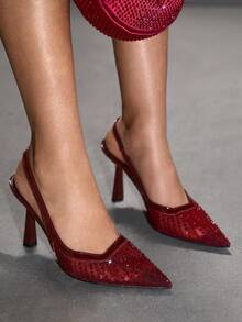 CUCCOO SZL Women's Pointed Toe High Heel Black Mesh Rhinestone Embellished Fashionable Sexy Glamorous Party Occasion Stilettos With Ankle Strap - Burgundy mirror 1 - View 6