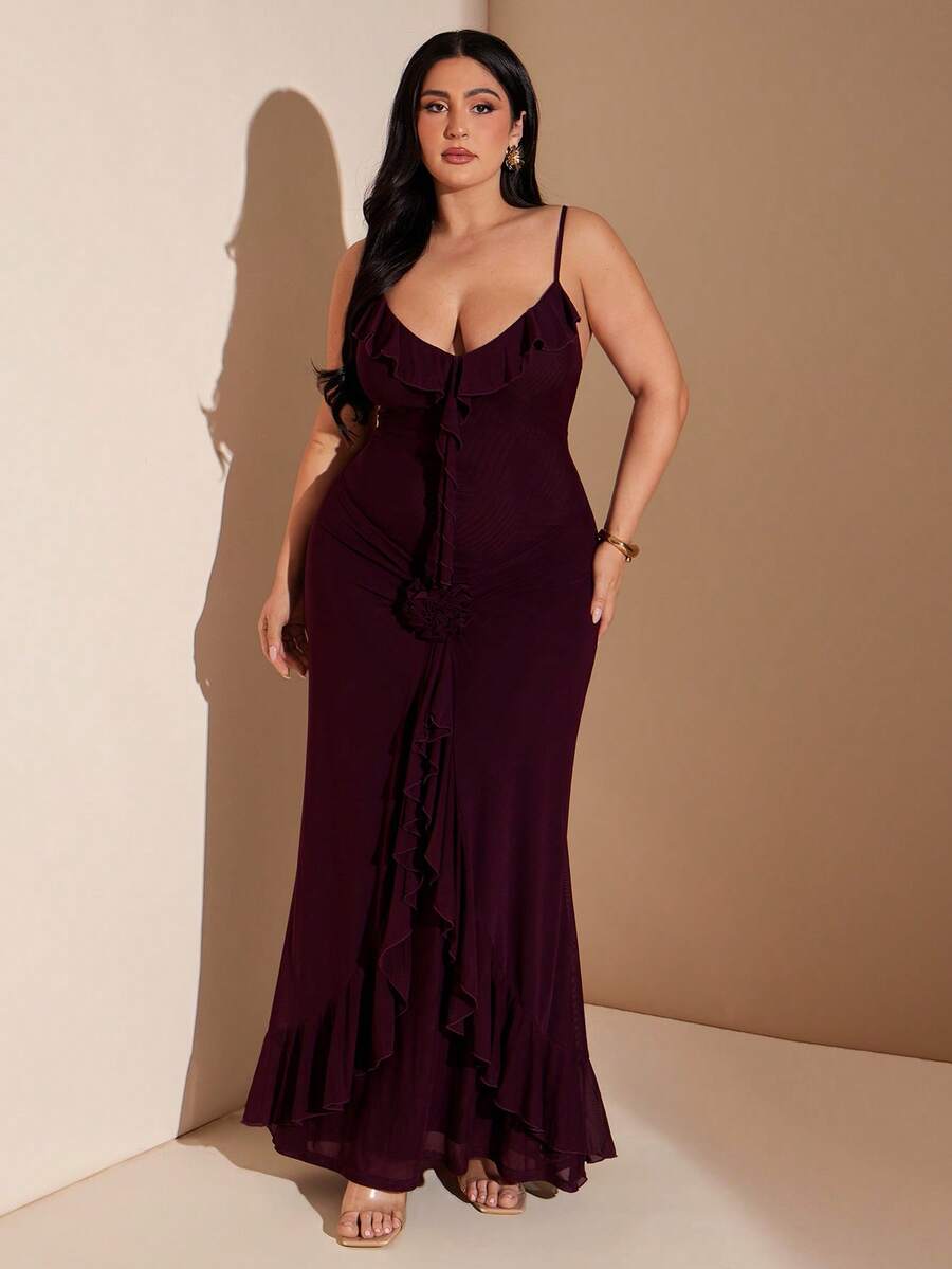 SHEIN BAE Plus Size Women's Dark Purple Elegant Summer Rosewood Color Patchwork Ruffle Hem Fitted Night Outfits,Floral Maxi Stretchy Knit Mesh Dress - Redwood - View 1