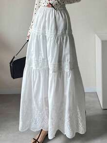 FRIFUL 女士撞色蕾丝长款喇叭裙 - 白色 - 查看 10