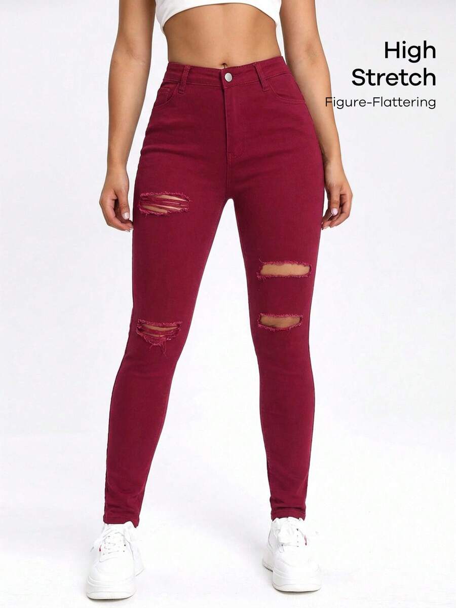 SHEIN ICON Jeans pitillo negros con bolsillos sesgados y rotos - Burdeos - Ver 1