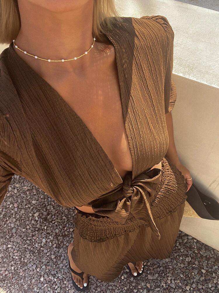 Women's Elegant Solid Color Tie-Up Shirt And A-Line Skirt 2-Piece Set, Spring/Summer