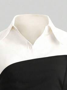 Franclia Elegant Patchwork Casual Long Sleeve Shirt - Black - View 4