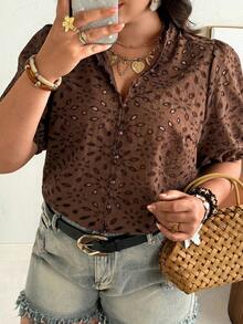 Ceyna Plus Size Women Floral Embroidery Short Petal Sleeve Single-Breasted Casual Shirt - Brown - View 7