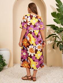 EMERY ROSE 大码女式碎花圆领短袖口袋休闲连衣裙 - 彩色 - 查看 3