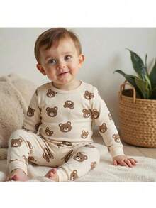 Loomiva Baby Boy Cartoon Bear Print Soft Knit Crew Neck Long Sleeve Top And Elastic Waist Long Pants 2-Piece Snug Fit Pajama Set - Multicolor - View 1