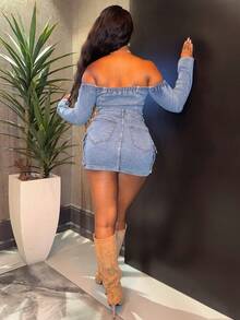 Chea Andrea 女士露肩长袖纽扣半开襟实用口袋修身牛仔连衣裙 - 藍色 - 查看 4