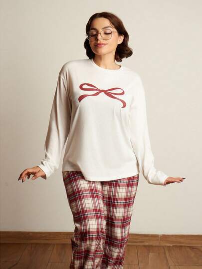 Lupita Cardoza 女士休闲日常家居圣诞纯色圆领长袖蝴蝶结印花和红色格子抽绳裤两件套睡衣套装，秋冬