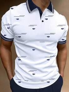 Manfinity Mode Camisa polo de manga corta con estampado de rayas casual para hombre, verano - Blanco - Ver 1