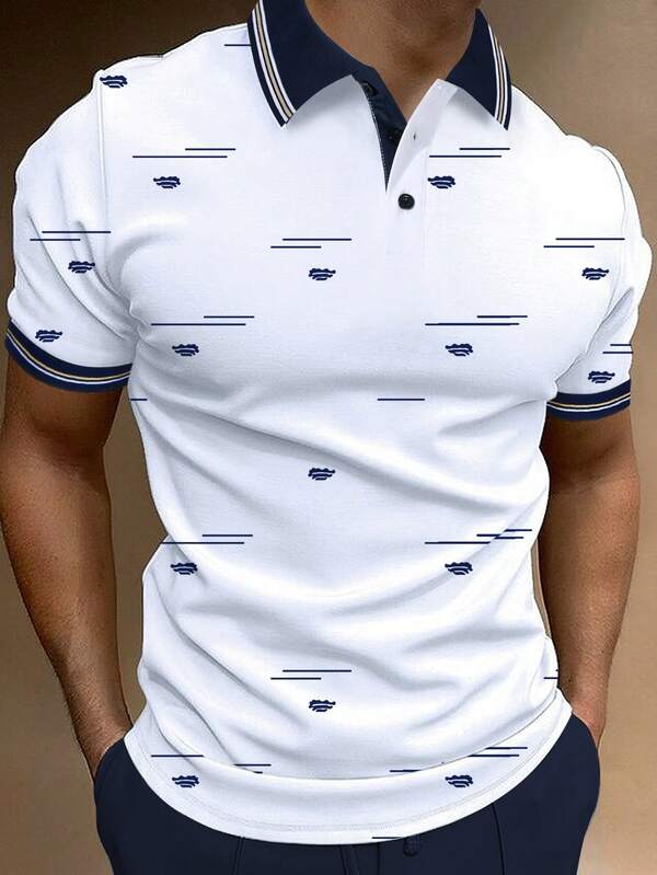 Calvornis 男士休閒條紋印花短袖 Polo 衫，海軍藍與白色夏季高爾夫 Polo 衫，學院風圖案圖形 Polo 衫，適合戶外、旅行、度假、典禮