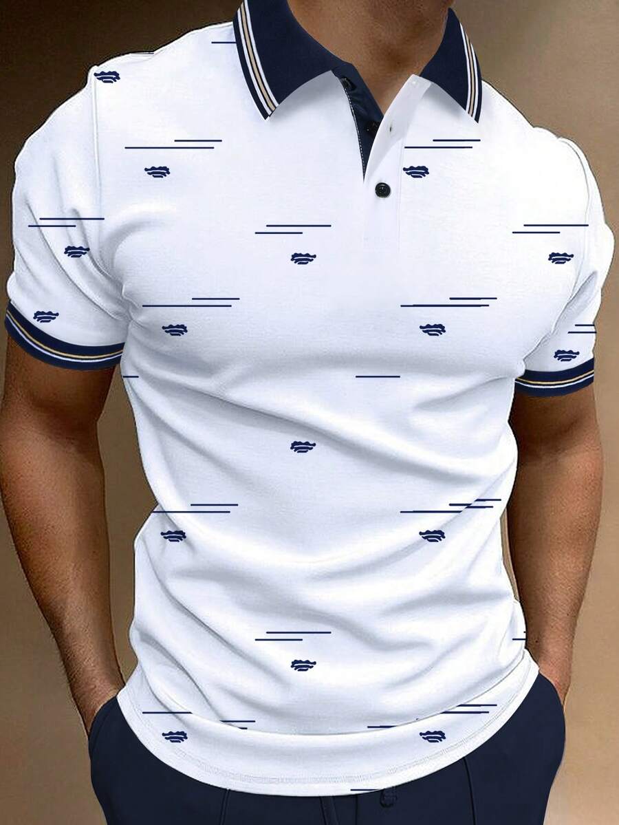 Manfinity Mode Camisa polo de manga corta con estampado de rayas casual para hombre, verano - Blanco - Ver 1