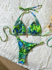 Elavelle Spring Break Women's Random Print Halter Metal Decor Sexy Bikini Swimwear Set, Summer Beachwear Outfits - Multicolor - View 2