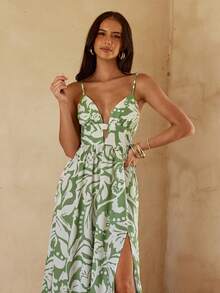 KARISMINA Spring & Summer Vacation Chiffon Printed Dress For Women - Green - View 4