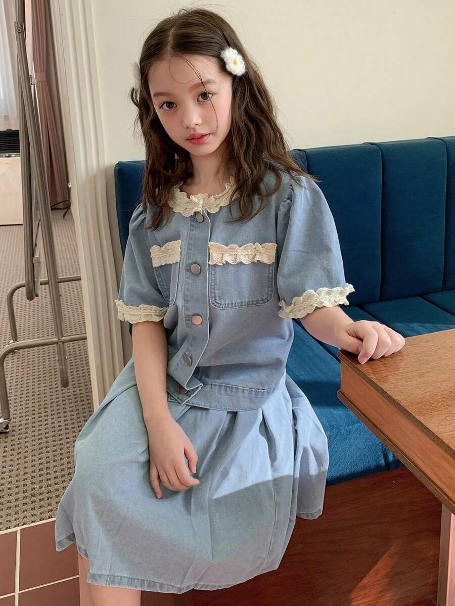 DAZY Tween Girls Denim Set, Children Lace Short Sleeve Top And Denim Skirt 2-Piece Outfit - Blue - View 1