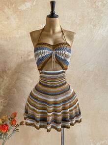 Soleia Women's Vacation Casual Colorblock Striped Backless Halter Knit Dress - Multicolor - View 5