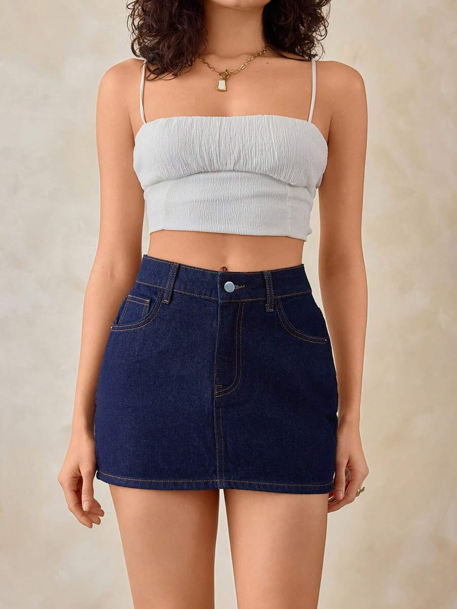 SHEIN 100%纯棉女士斜插口袋休闲牛仔裙 - 深色水洗藍 - 查看 1